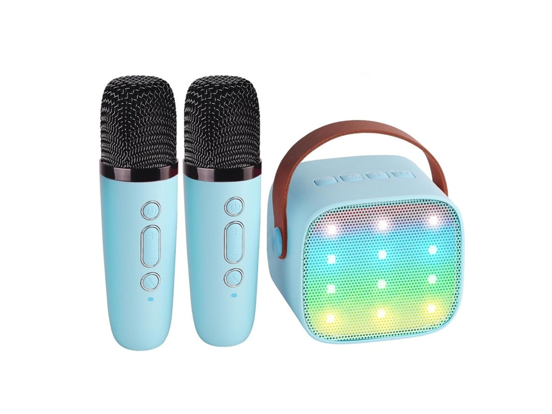 Mini máquina de karaokê portátil Yizhood com microfones duplos e alto-falante Bluetooth para festa de aniversário infantil azul