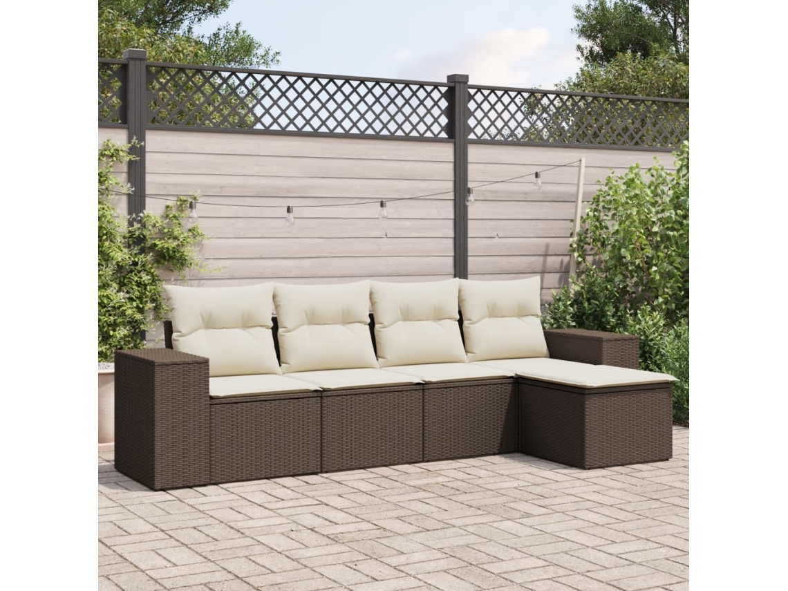 Vidaxl 5 Pcs Conjunto Sofás P/ Jardim C/ Almofadões Vime Pe Castanho