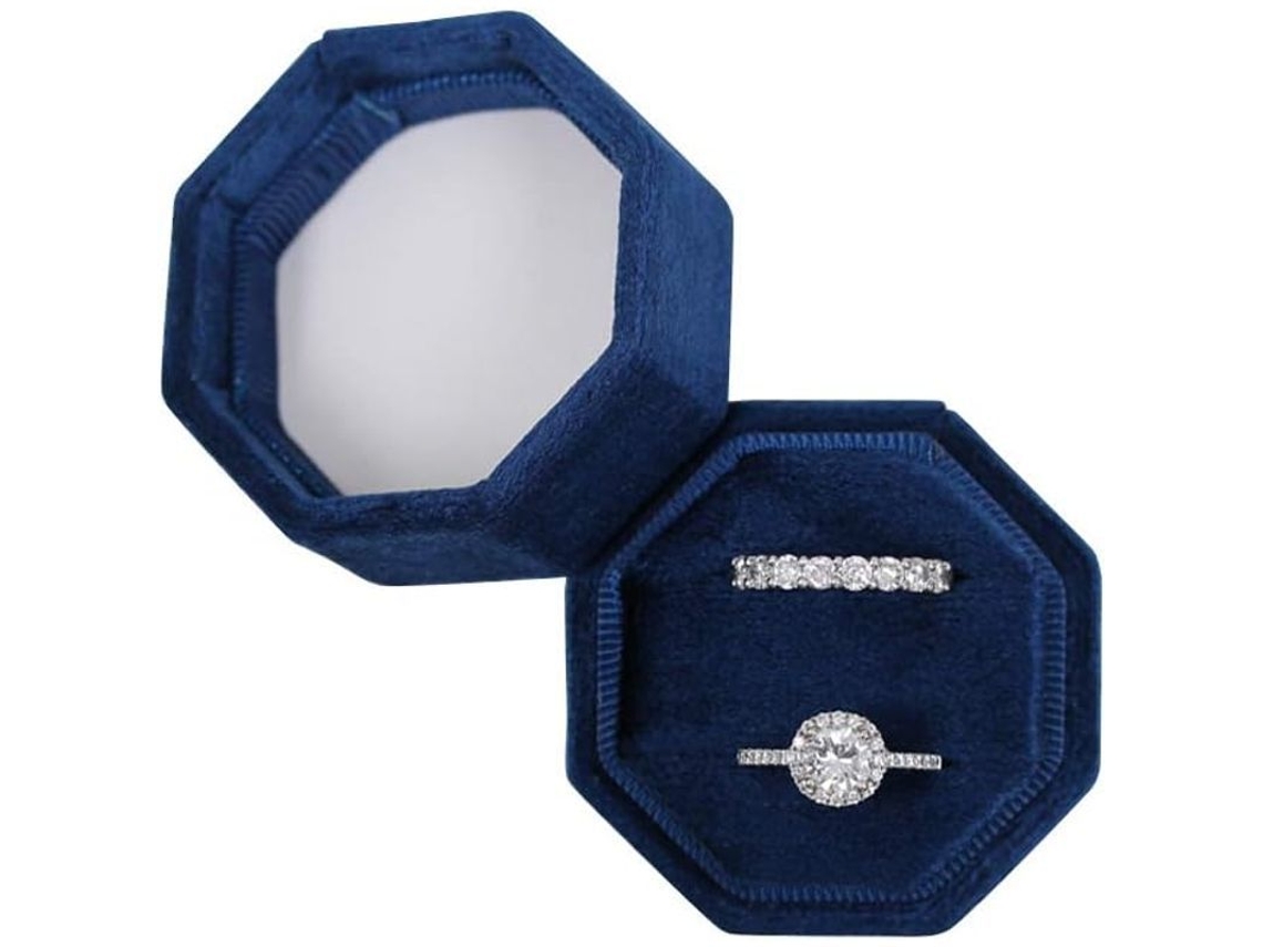 Caja De Anillos De Terciopelo Octagonal Para Boda Compromiso Con Doble Ranura Azul Oscuro