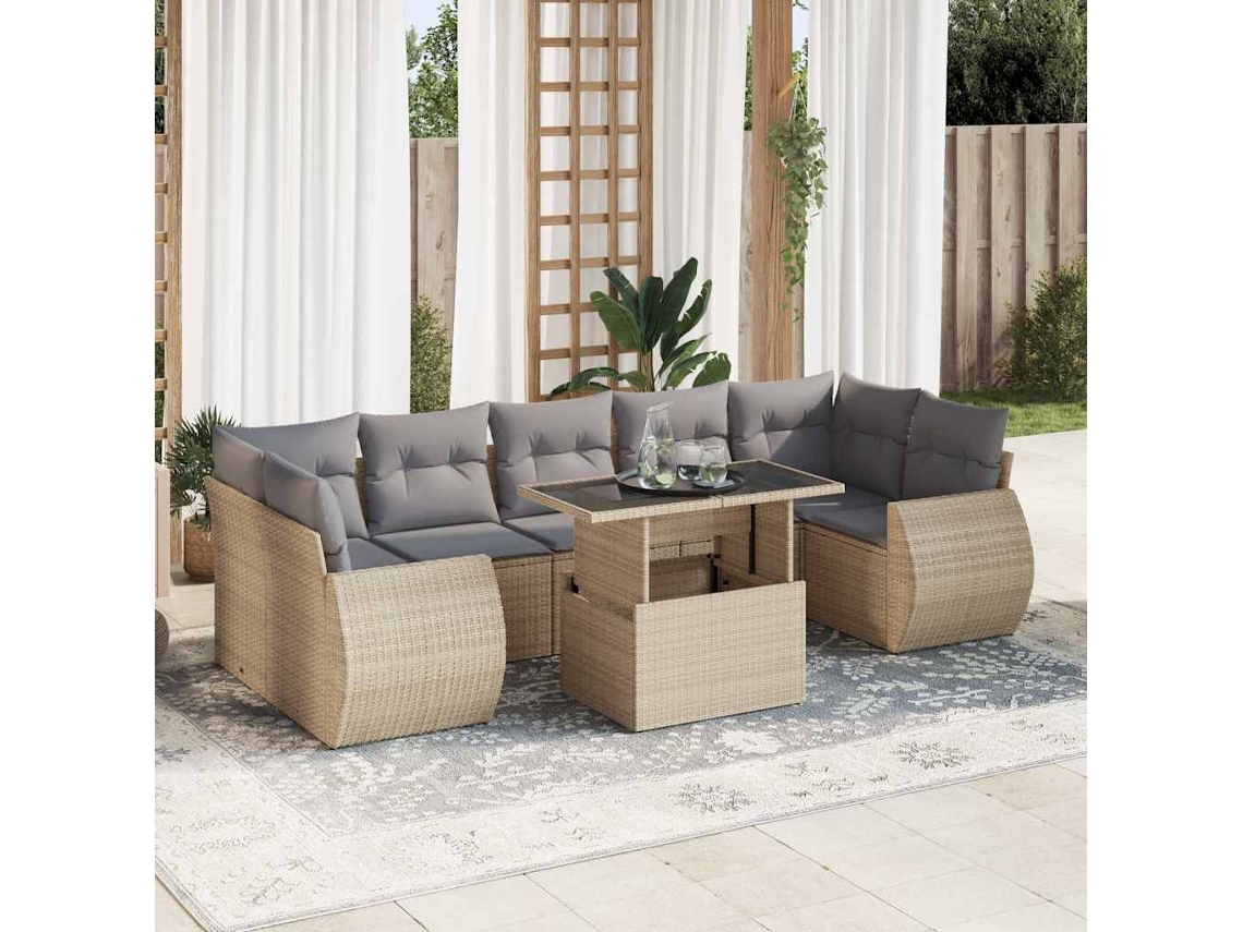 Vidaxl 8 Pcs Conjunto De Sofás P/ Jardim Com Almofadões Vime Pe Bege