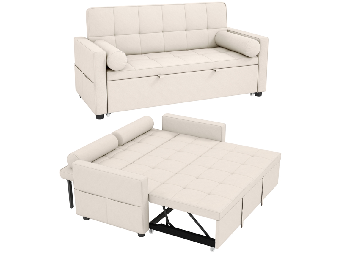Sofá cama de 2 Lugares, Sofá cama de 3 em 1 com Cama Dobrável e Encosto Duplo Ajustável, 2 Almofadas, 80,5x137,5x84cm Bege Ge