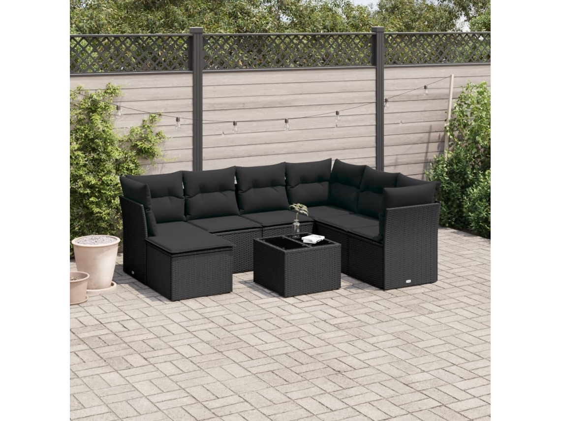 Vidaxl 8 Pcs Conjunto Sofás De Jardim Com Almofadões Vime Pe Preto