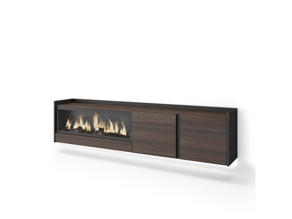 Móvel De Tv, 212x35x50cm, Para Televisores Até 80", Lareira Eléctrica Xxl, Suspensos, Led, Carvalho Escuro E Preto