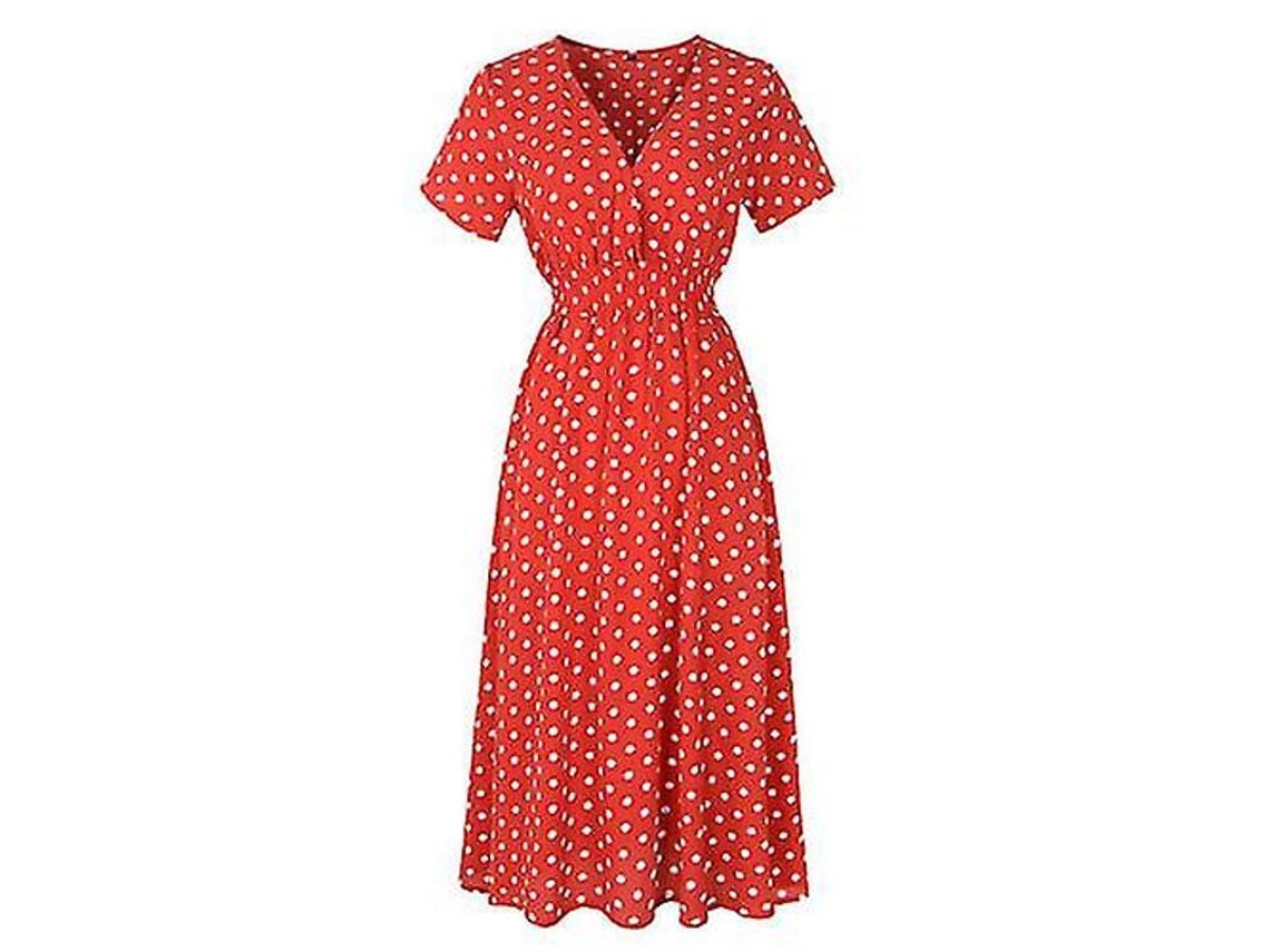 Vestido feminino de verão 2026 em poliéster, comprimento até o joelho, manga curta e decote em V.