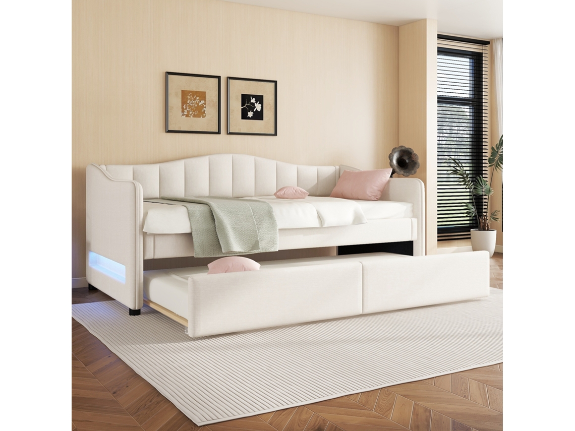 Daybed, 90x200cm Com Cama Cama-cama, Sofá-cama, Cama De Solteiro (sem Colchão), Design De Luz Ambiente, Linho, Estilo Minimalista, Bege-op