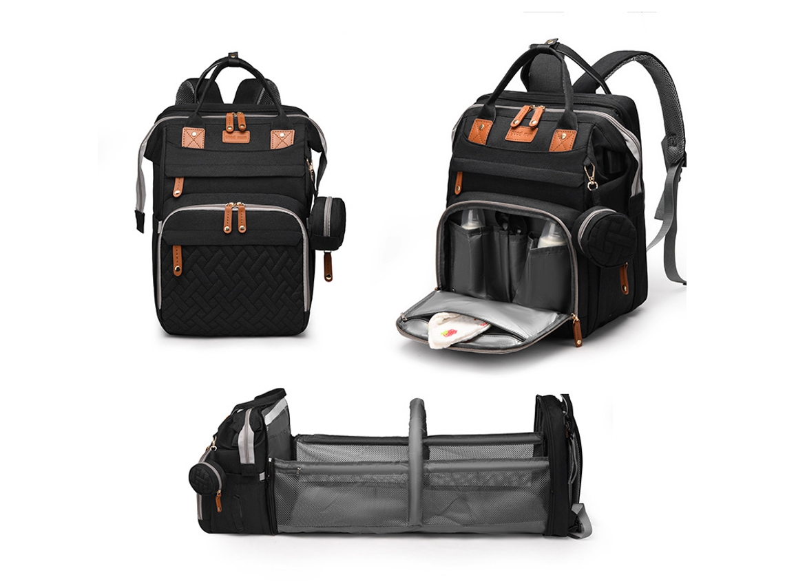 Mochila Maternal, 3 em 1 Bolsa para Bebê, Berço Dobrável, com Trocador e Porta chupetas, Presentes para Futuras Mamães SPQMENT (preta)