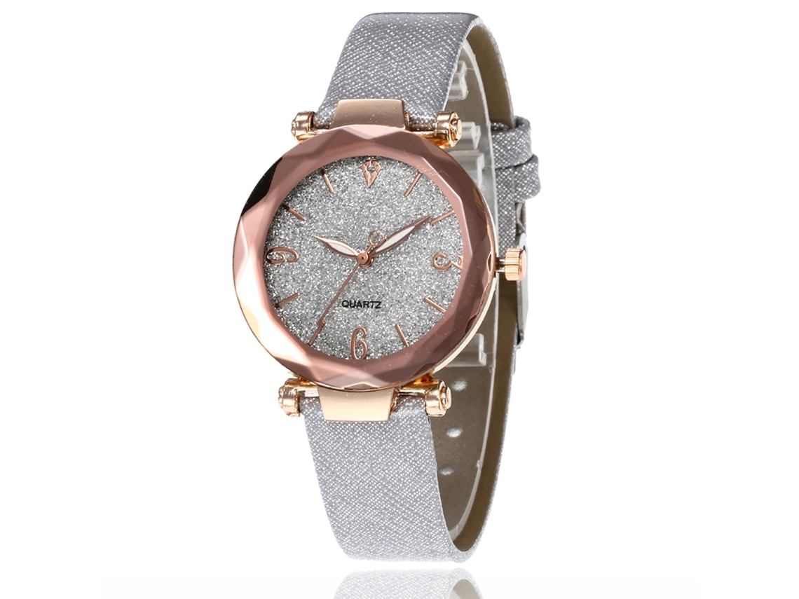 Relógio de Pulso Feminino de Moda com Pulseira Pu Analógico Movimento de Quartzo Prata