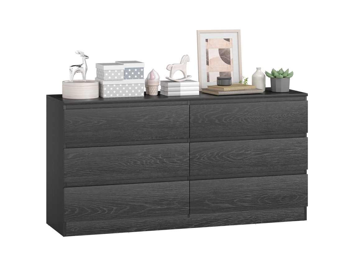 Cómoda moderna com 6 gavetas preta com efeito madeira 140x40x71cm