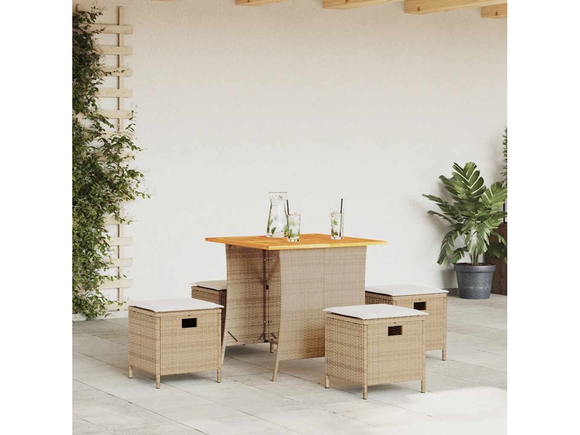 Vidaxl 5 Pcs Conjunto De Jantar P/ Jardim Com Almofadões Vime Pe Bege