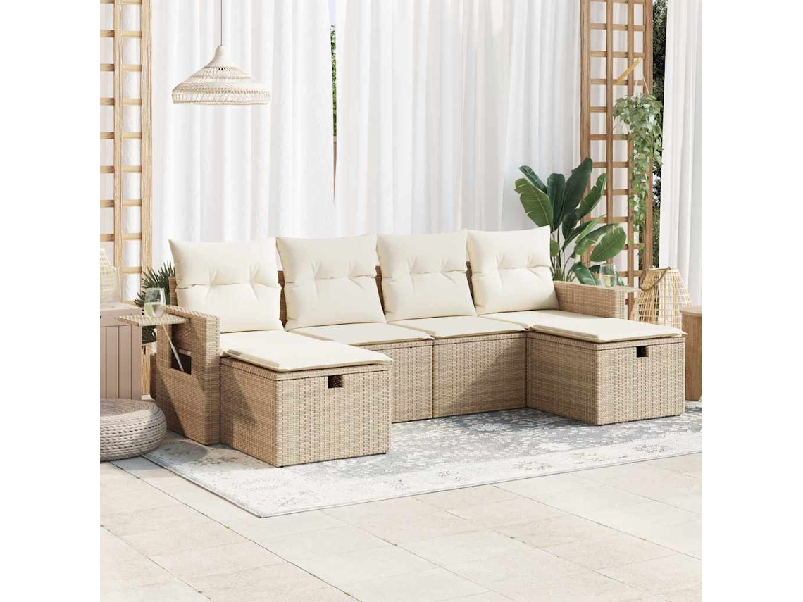 Vidaxl 6 Pcs Conjunto De Sofás P/ Jardim Com Almofadões Vime Pe Bege