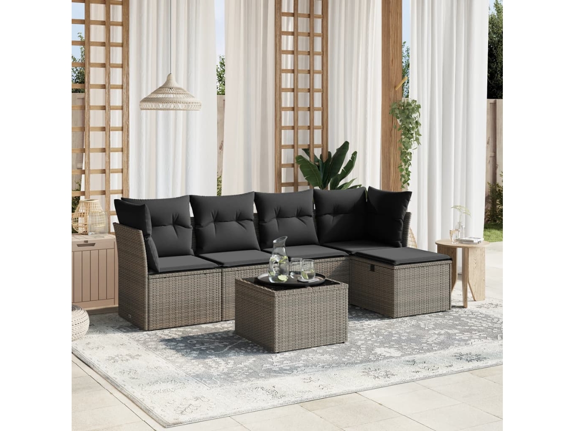 Vidaxl 6 Pcs Conjunto Sofás De Jardim Com Almofadões Vime Cinzento