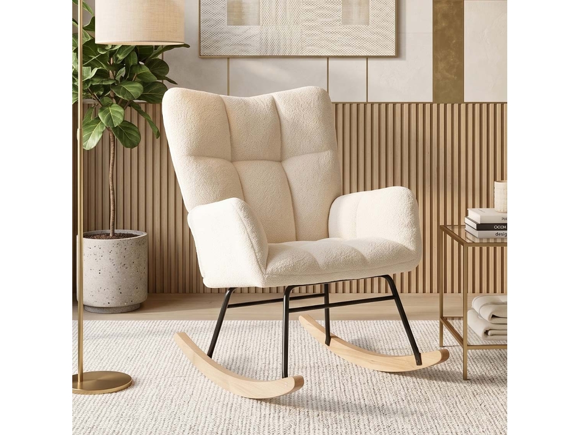 Cadeira de balanço em tecido de borrego com pernas de madeira, 96x62.5x88 cm LAZYSPACE