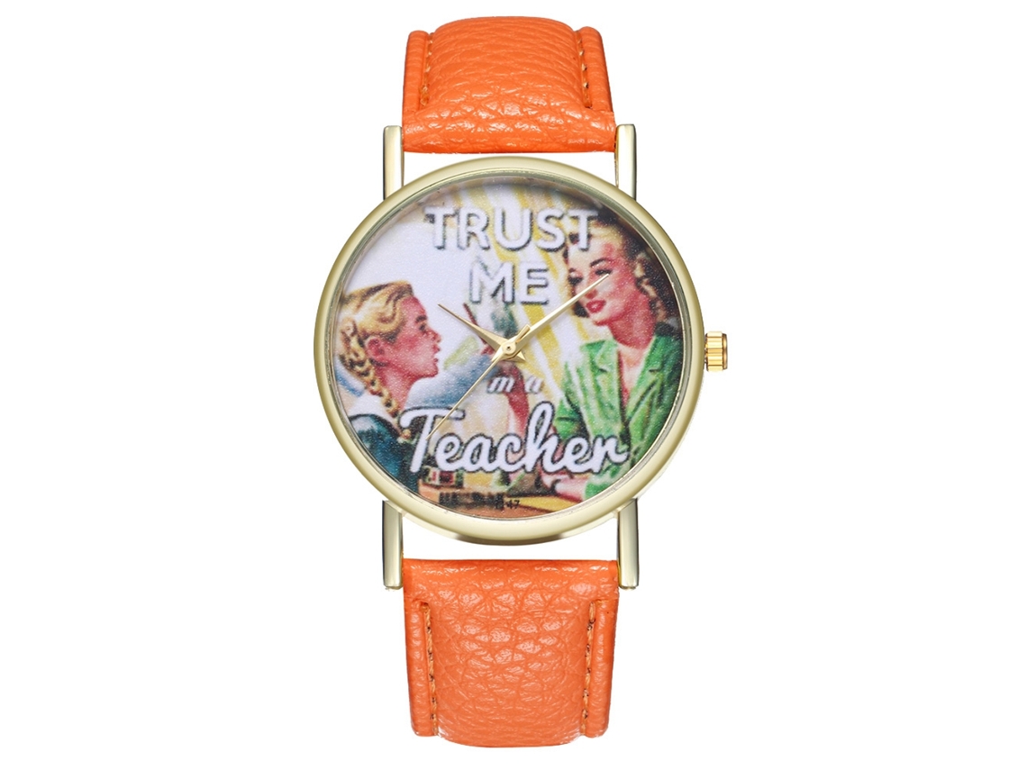 Relógio Analógico de Quartzo com Pulseira Pu Mostrador Cartoon Presente para Mulher Laranja