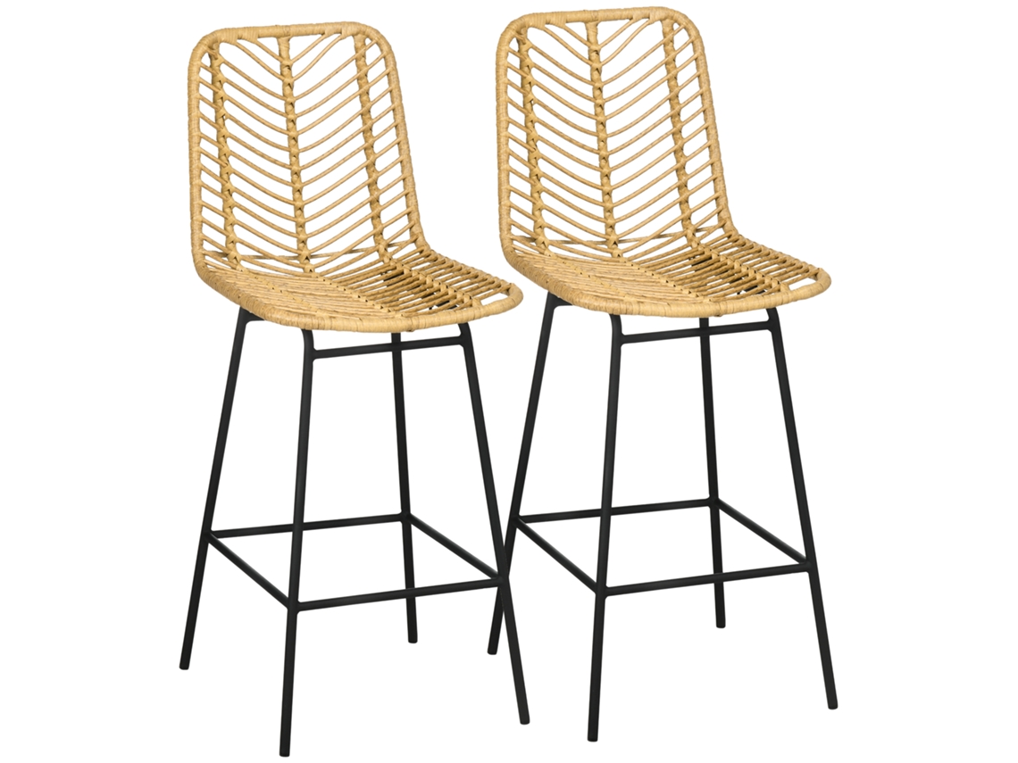 Dois Bancos De Bar Com Encosto, Estilo Boémio, Em Rattan Pe, Com Apoio Para Os Pés.