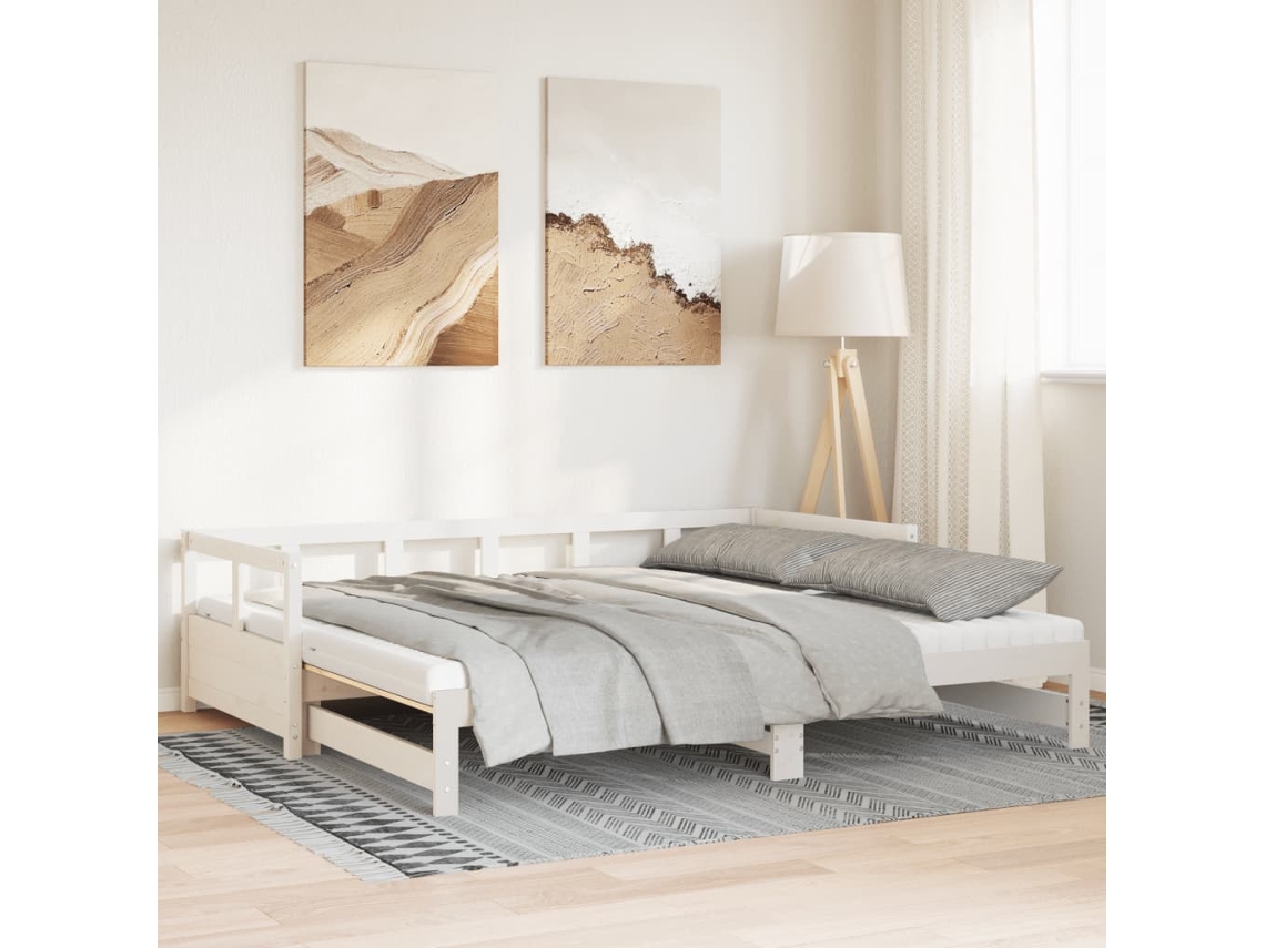 Sofá cama con cajón y colchones de 90x200 cm en pino macizo blanco