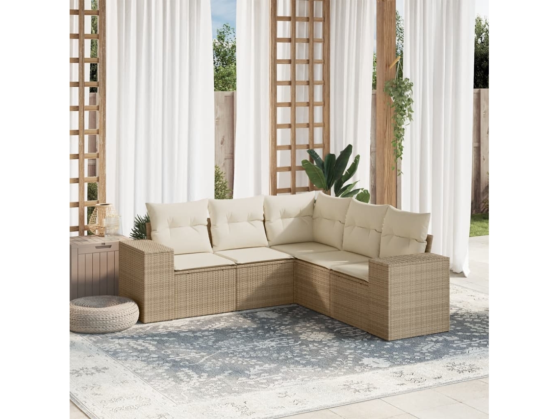 Vidaxl 5 Pcs Conjunto De Sofás P/ Jardim Com Almofadões Vime Pe Bege