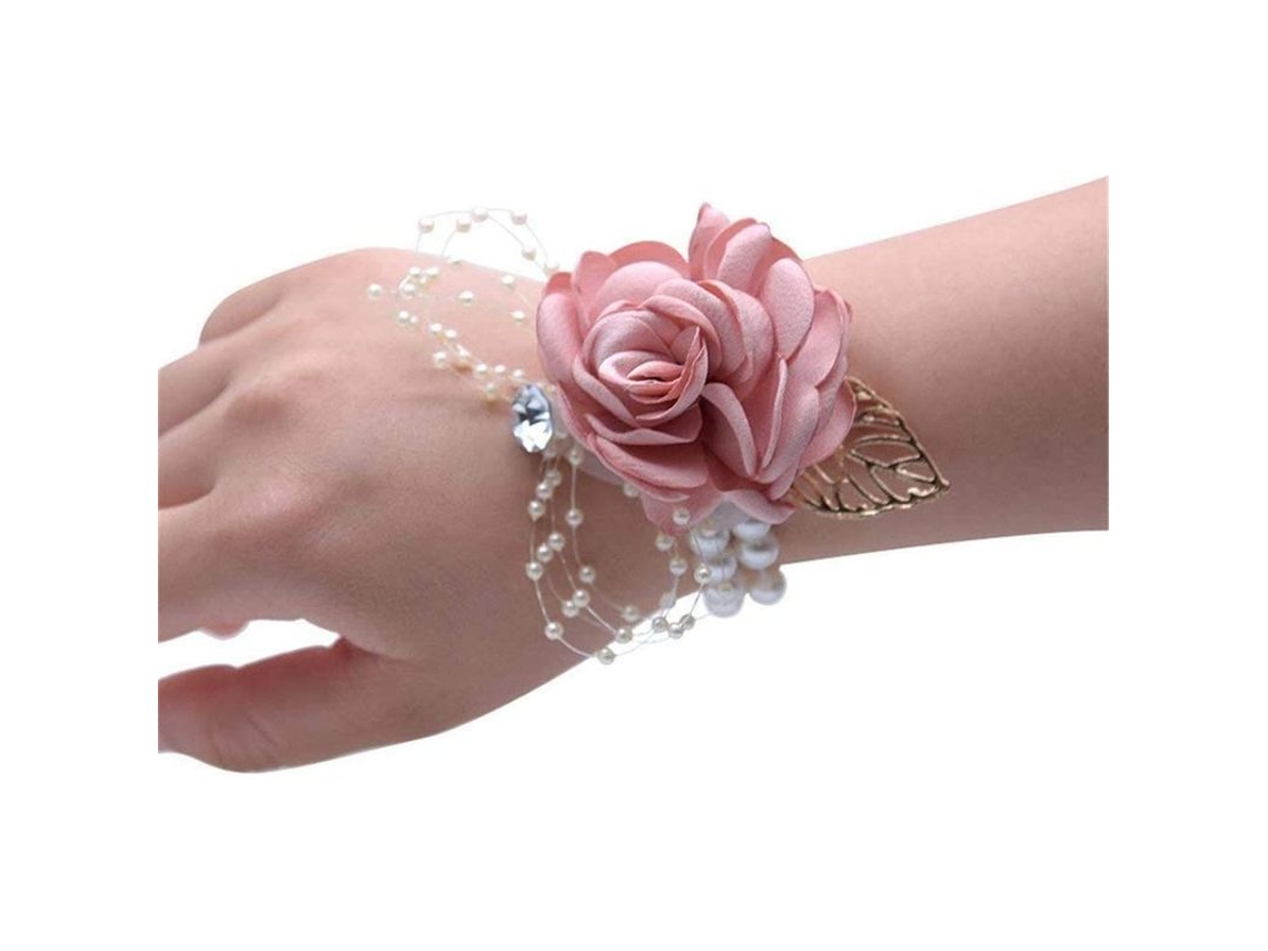 Nova Line corsagem de Pulso para Noiva e Damas de Honra com Pérolas Falsas e Flores Artificiais Rosa