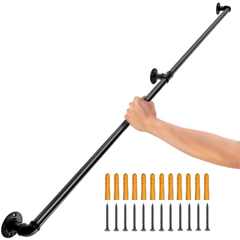 Corrimão De Parede Em Aço Carbono Preto 120cm Com Suportes E Handrail Retro Tekmaquinas