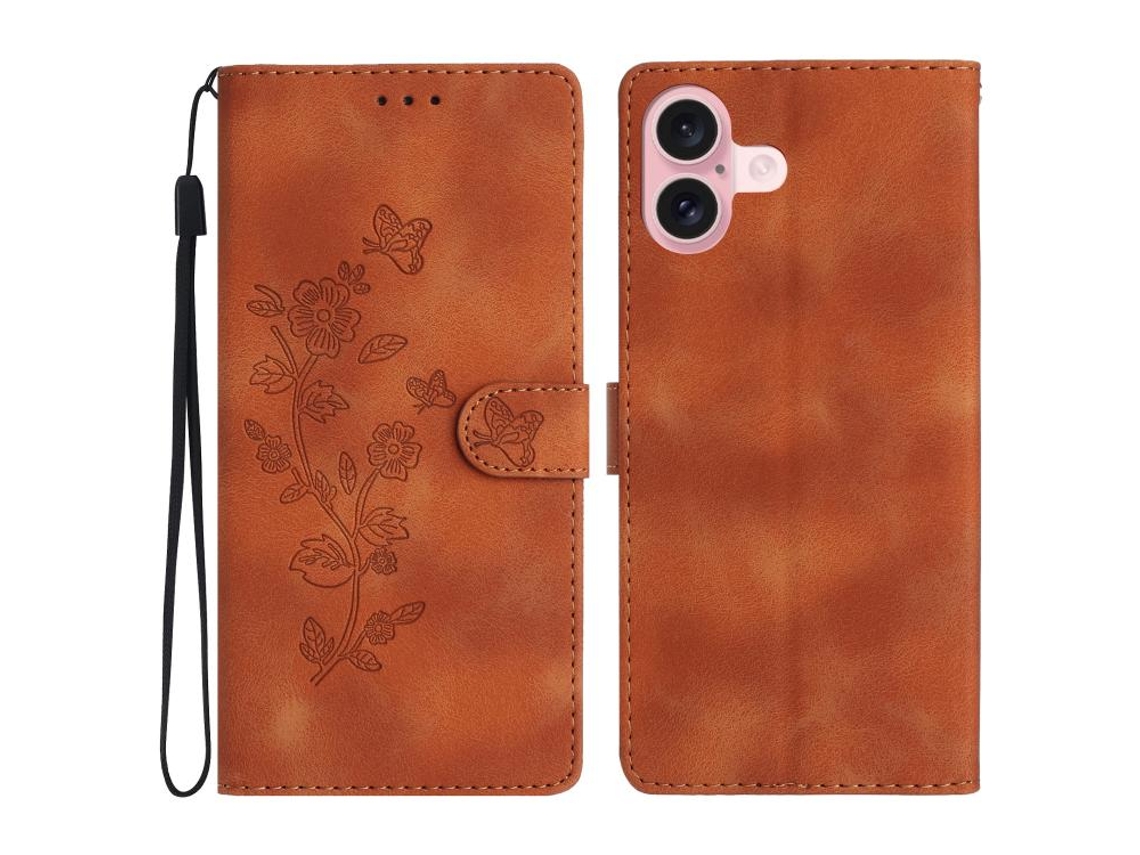 Capa Para Iphone 17 Em Couro Com Flores E Borboletas - Design Em Relevo
