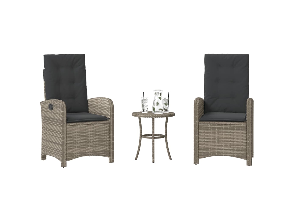 Vidaxl 3 Pcs Conjunto Bistrô com Almofadões Vime Pe Cinza