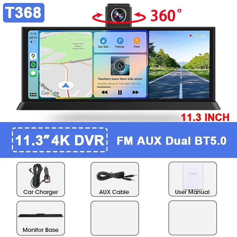 (t368d-4k Dvr) Câmera Veicular De 11,3 Polegadas, 4k, Giratória, Carplay