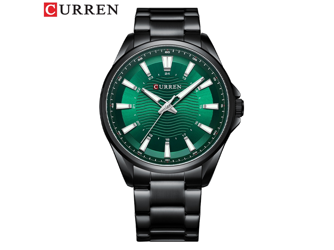 Relógio Masculino Redondo À Prova D'água (preto E Verde), Com Pulseira De Aço Simples, Relógio De Pulso Casual, Mostrador Grande.
