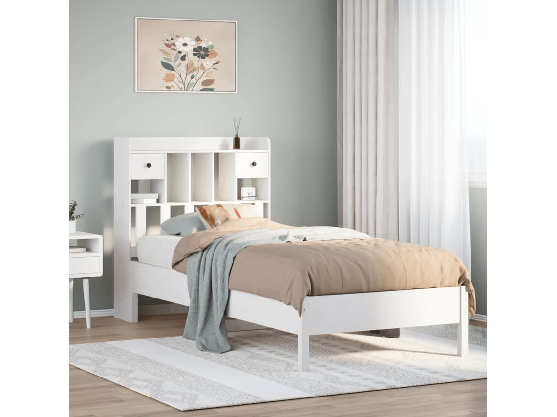 Vidaxl Cama com Estante Sem Colchão 90x200 Cm Pinho Maciço Branco