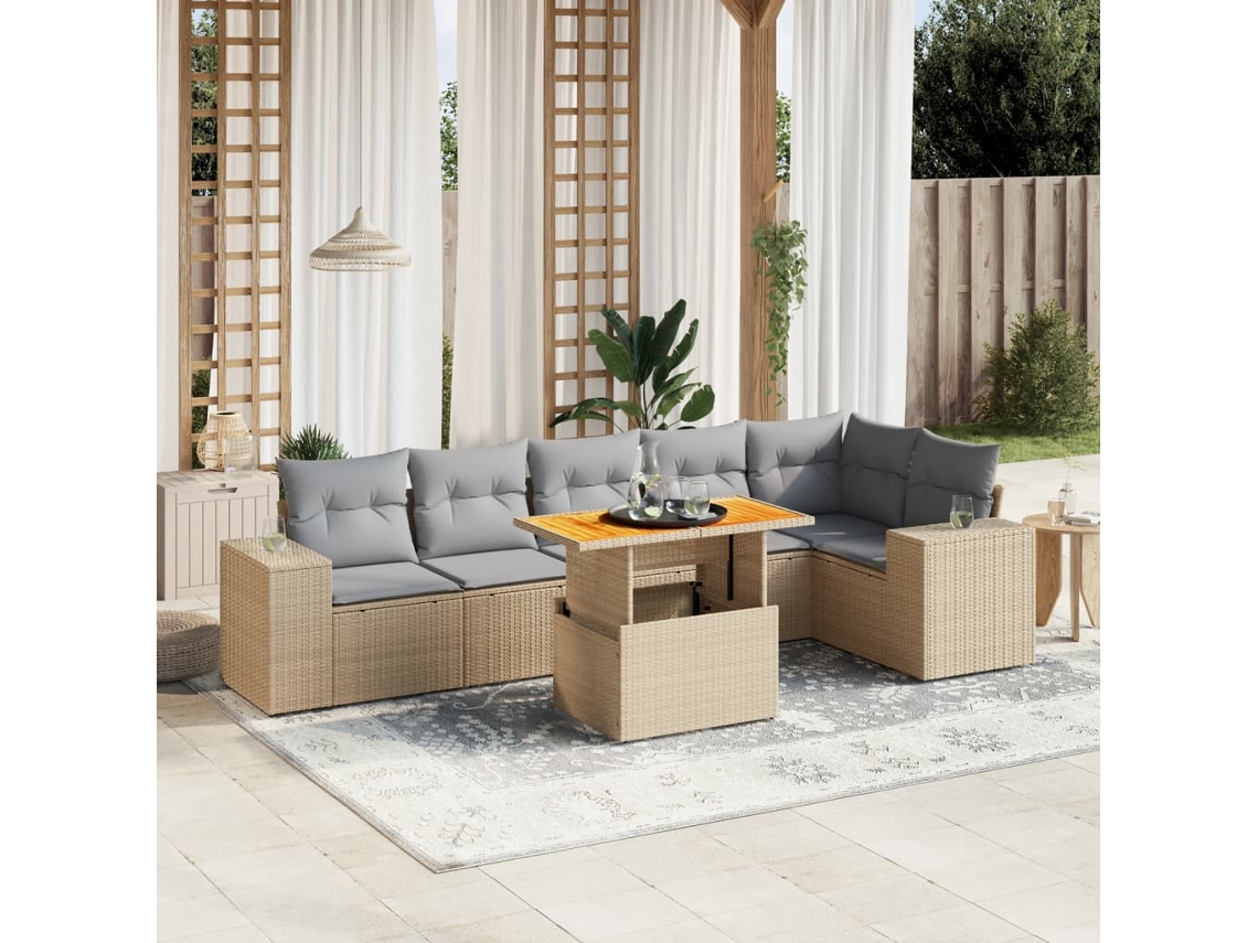 Vidaxl 7 Pcs Conjunto De Sofás P/ Jardim Com Almofadões Vime Pe Bege