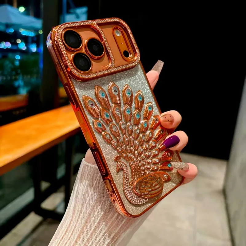 Capa Para Celular Com Anel, Armação Dourada Com Estampa De Pavão, Adesivo Com Glitter E Strass (iphone 15 Laranja).