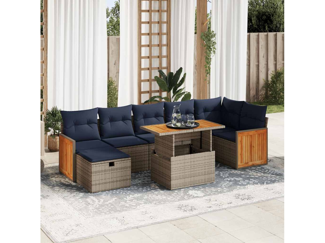 Vidaxl 8 Pcs Conj. Sofás Jardim C/ Almofadões Vime Pe/acácia Cinzento