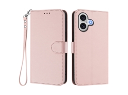 Capa Carteira De Couro Para Iphone 17 Com Alça De Pulso - Rosa