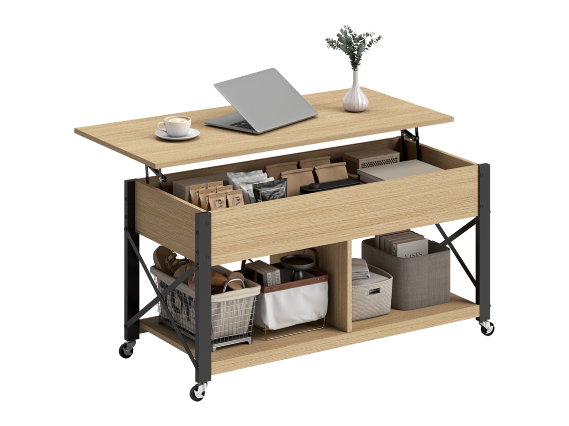 Mesa Centro Elevatória Melamina De Madeira, Metal Cor Madeira Natural E Branco 105x50x67 Cm Homcom