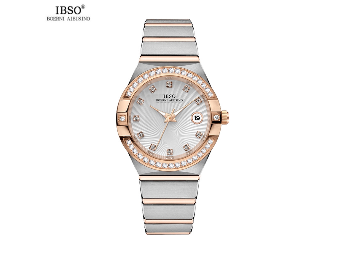 Relógio feminino redondo em Prova D'água (ouro branco) com calendário, design simples com strass e movimento de quartzo.