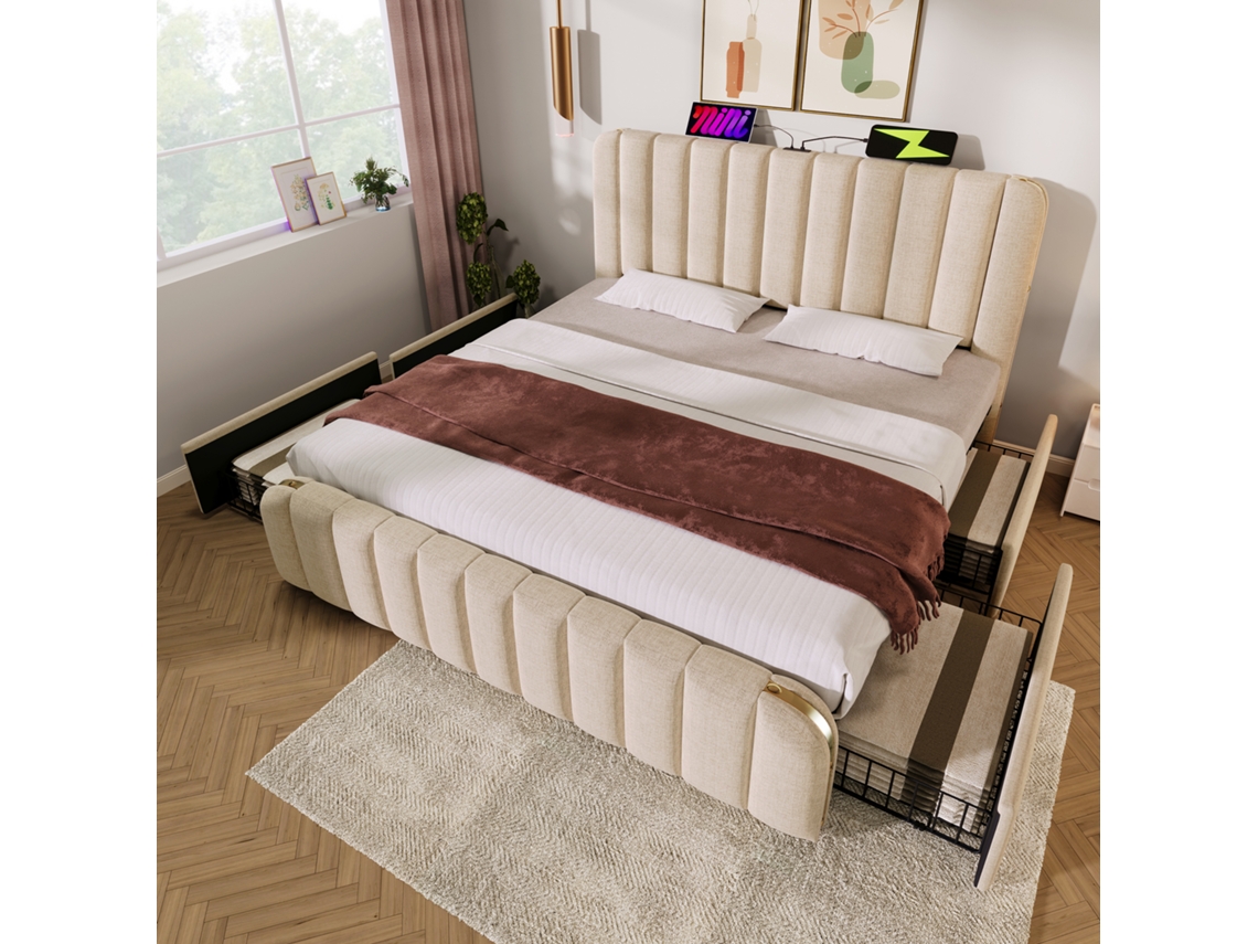 Cama De Casal 180x200 Bege Polsterizada Com Usb-c E 4 Gavetas 226kg
