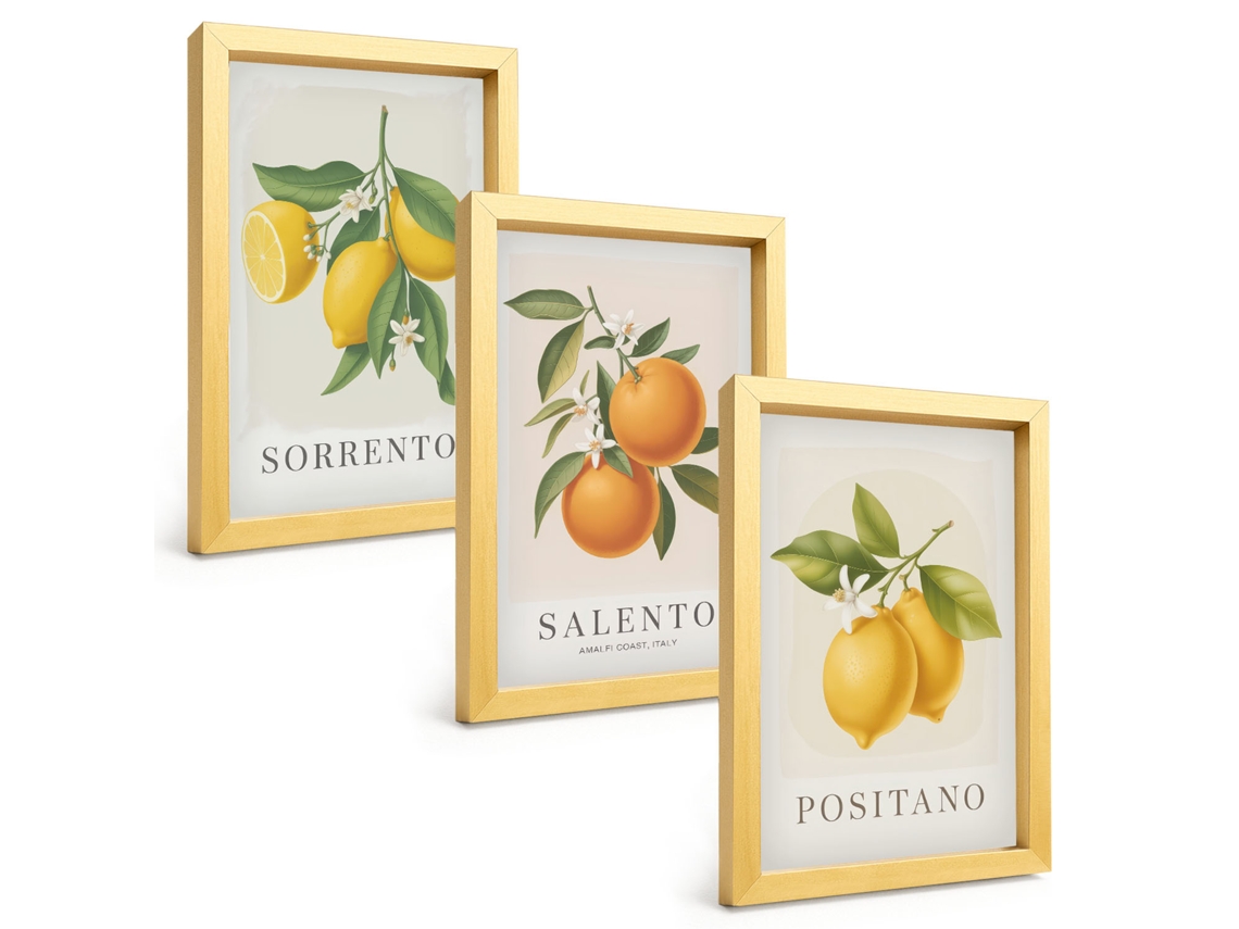 Um Conjunto De Imagens Decorativas Em Uma Molduralimões, Laranjas, Amalfi Moldura Dourada Pinturas De Quarto Espelharte (3 Peças 20x30 Cm)