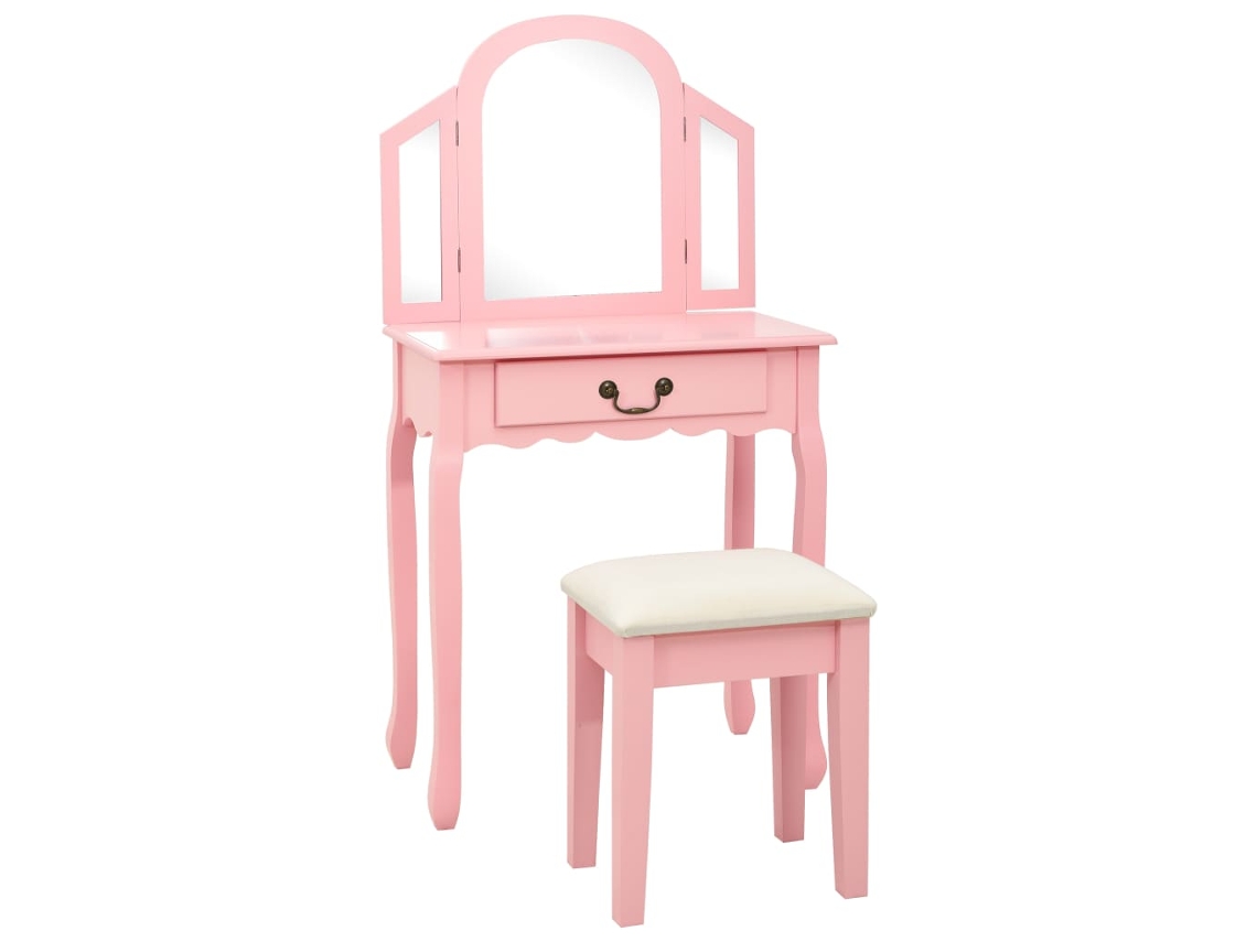 Vidaxl Toucador C/ Banco 65x36x128 Cm Mdf E Madeira De Paulownia Rosa