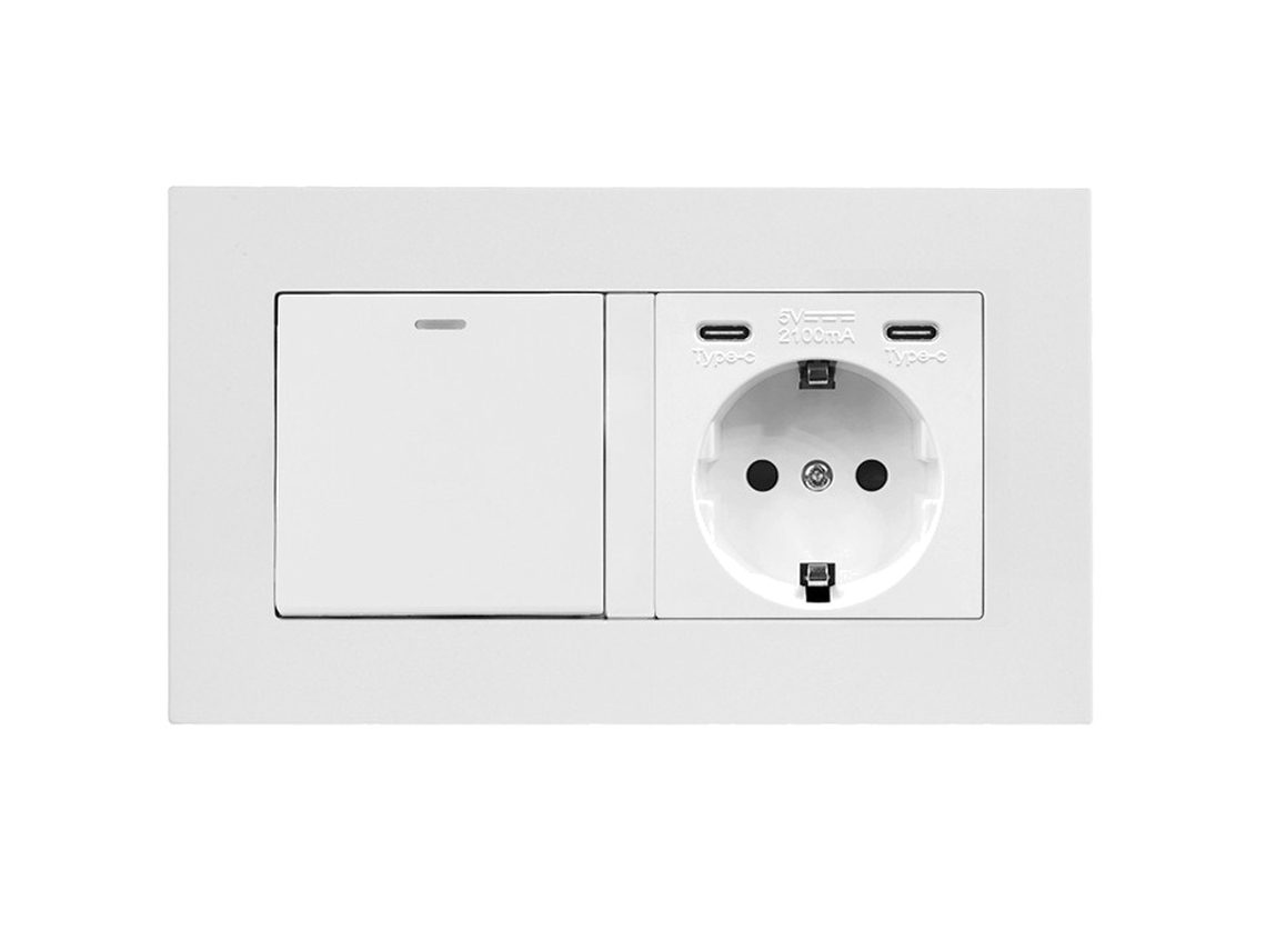 Tomada Europeia Com Interruptor E 2x Usb Tipo-c Branca 146x86mm