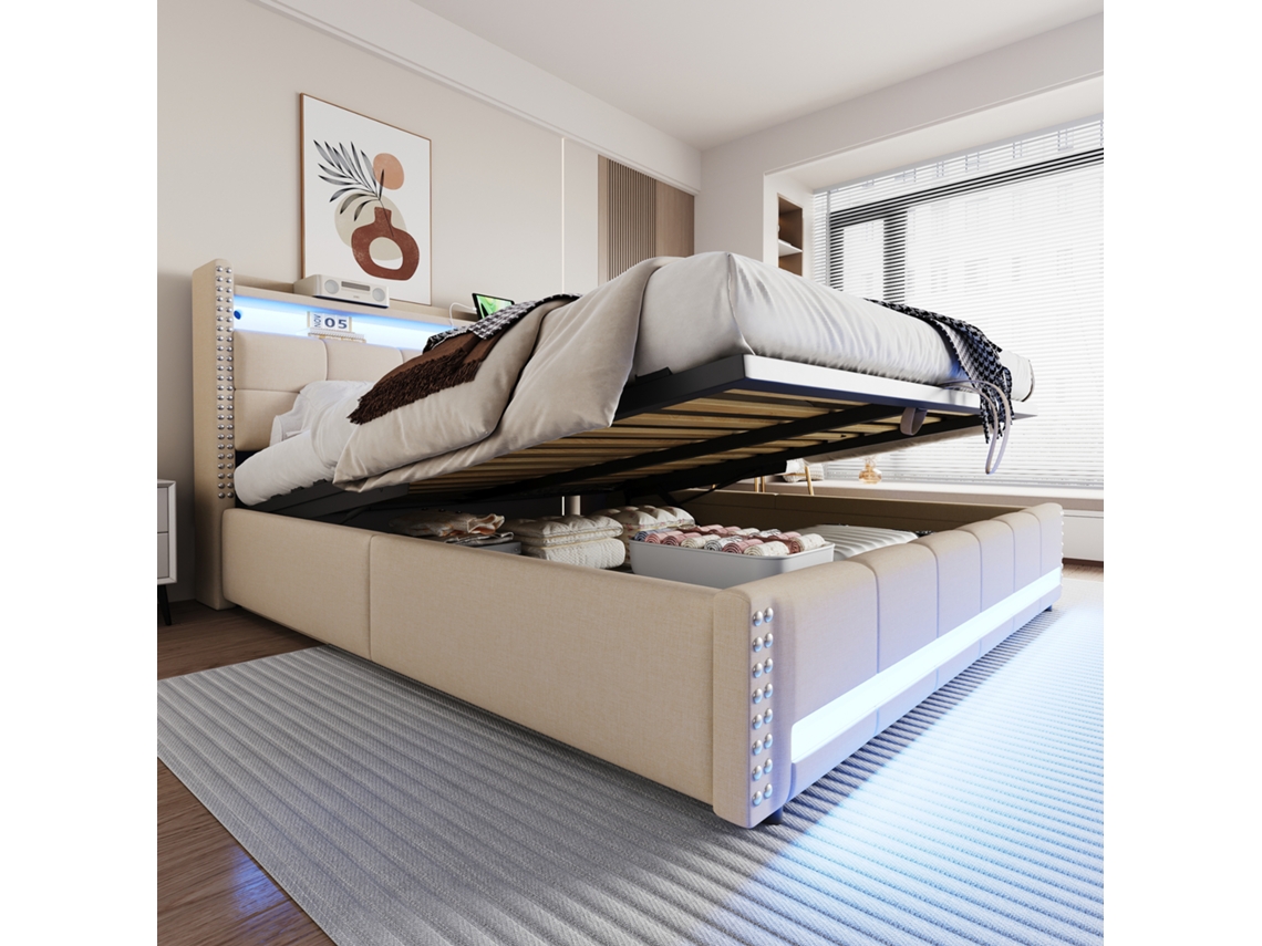 Cama Casal 180x200cm Bege Com Led, Usb, Armários E Hidráulica