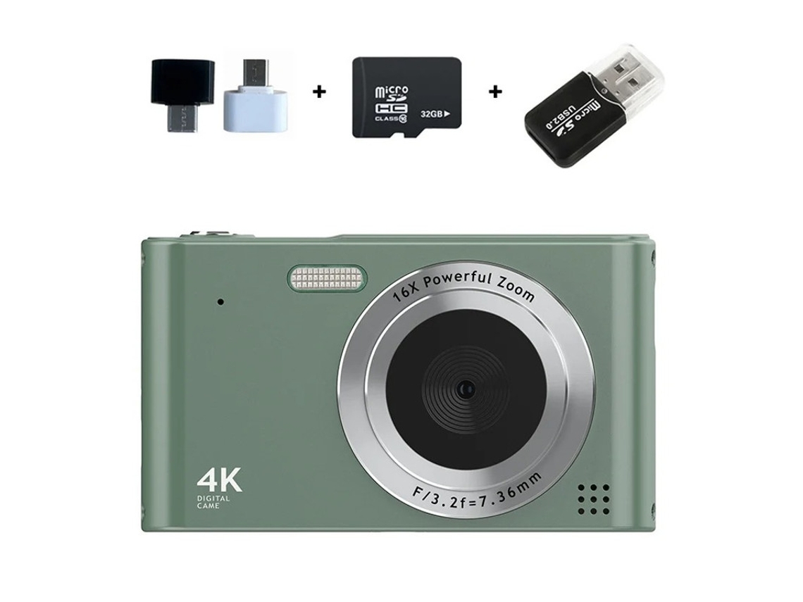 Câmera digital portátil Yizhood 4K com zoom de 16x e alta resolução, com luz pré-carregada e cartão de memória de 64 GB (verde)