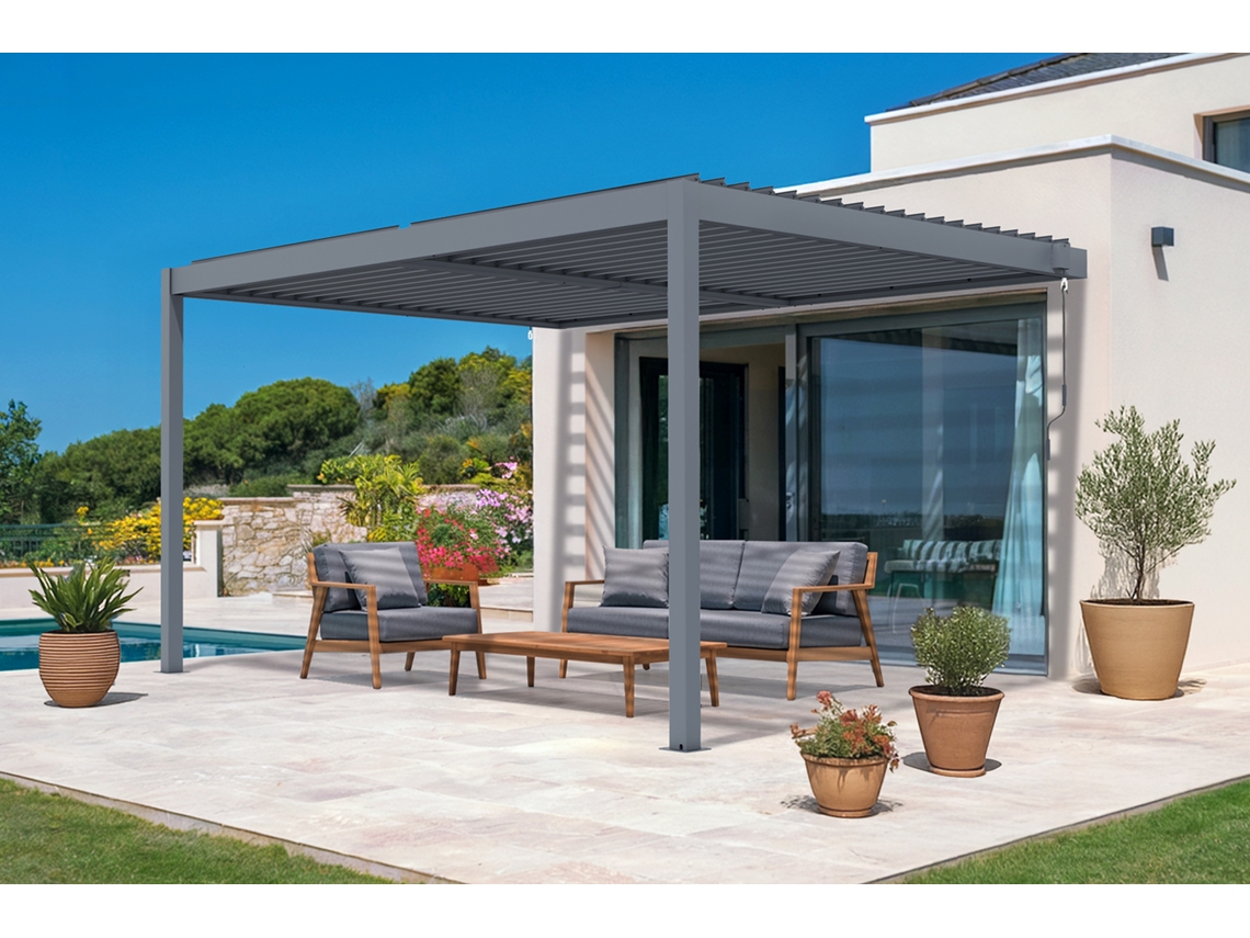 Pérgola bioclimática em alumínio 4x3m - lâminas orientáveis - Cinza carvão, Fixado na parede PIANA