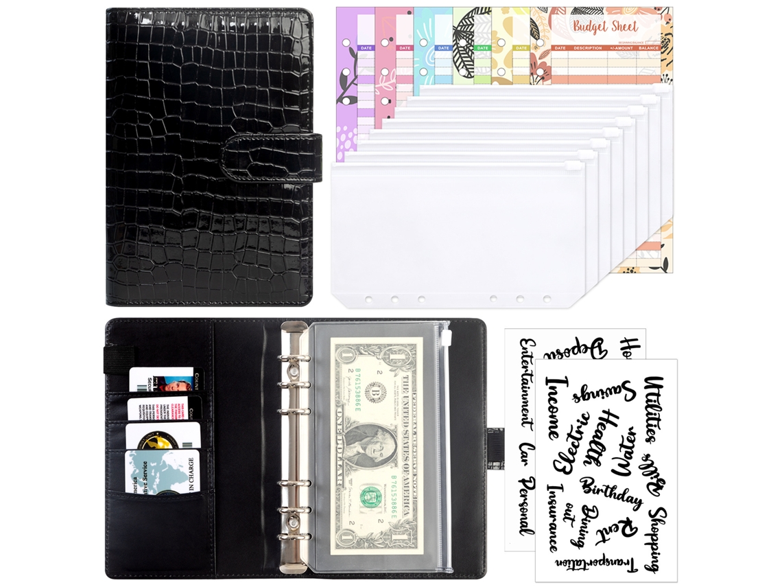 A6 Pu Leather Crocodile Pattern Ring Binder Cash Budget Organizer With Zipper Pockets Black, 8-zipper Pockets, 12-budget