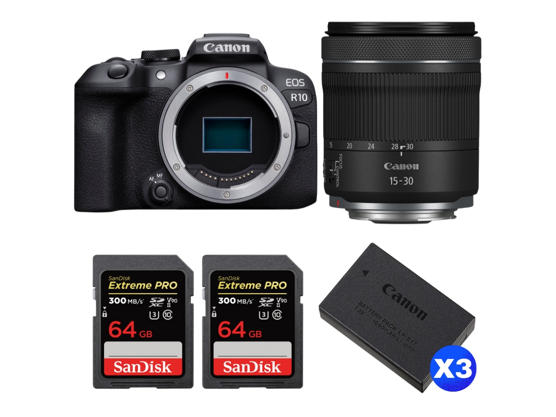 Eos R10 + Rf 15 30mm F4.5 6.3 Is Stm + 2 Sandisk 64gb Uhs ii 300mb/s + 3 Canon Lp e17 + Ebook “20 Dicas para Fotos Que Impressionam” CANON