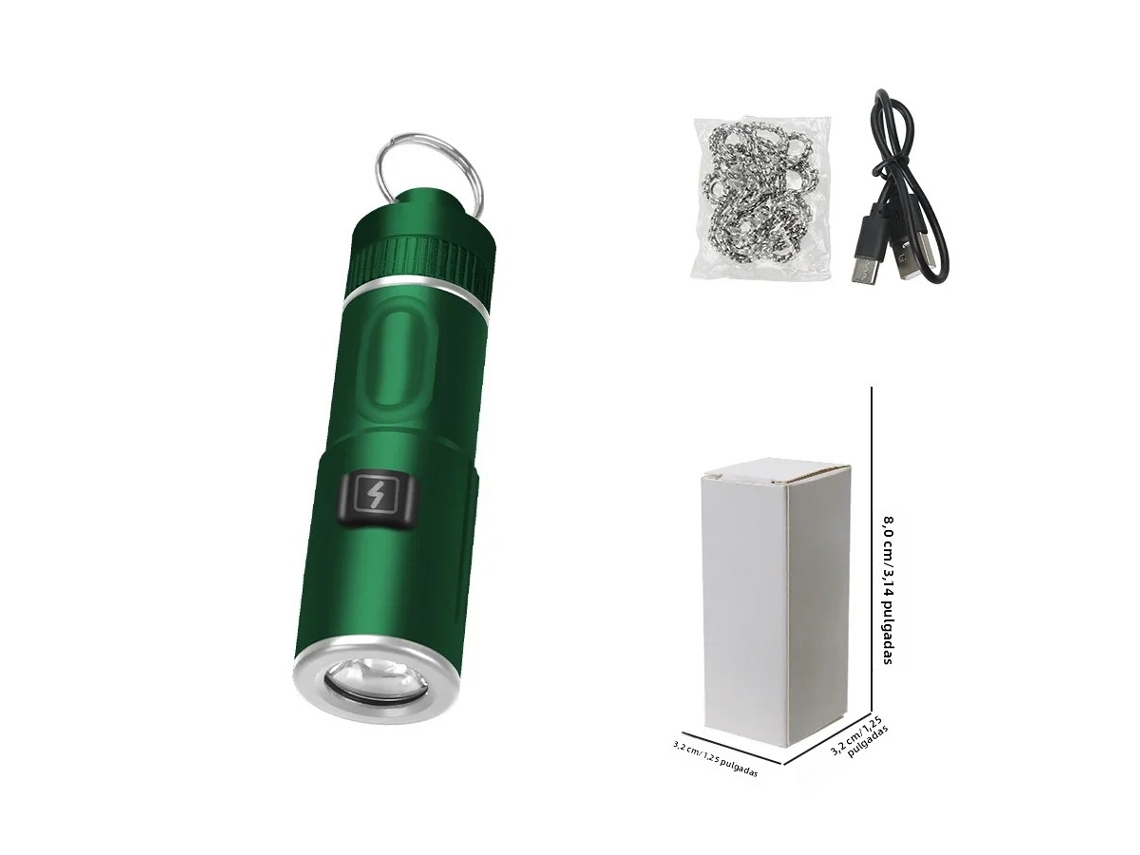 Lanterna Led Portátil Recarregável Via Usb (verde) Com Chaveiro, À Prova D'água, De Bolso Em Liga De Alumínio.