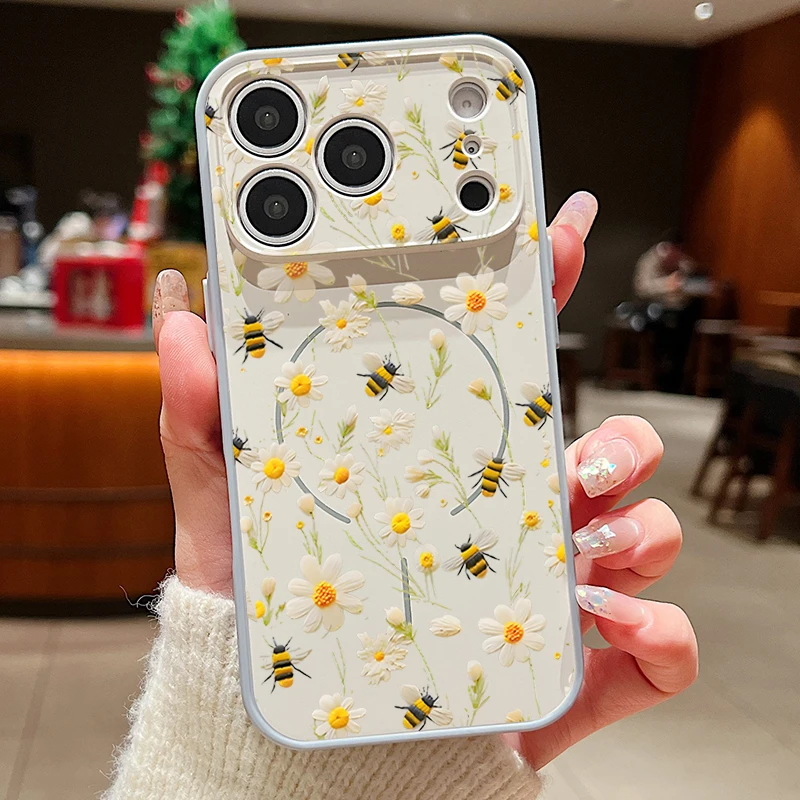 Capa Magnética Para Celular Com Estampa Floral Realista (cinza) Para Iphone 15 Pro Max, Resistente A Impactos.
