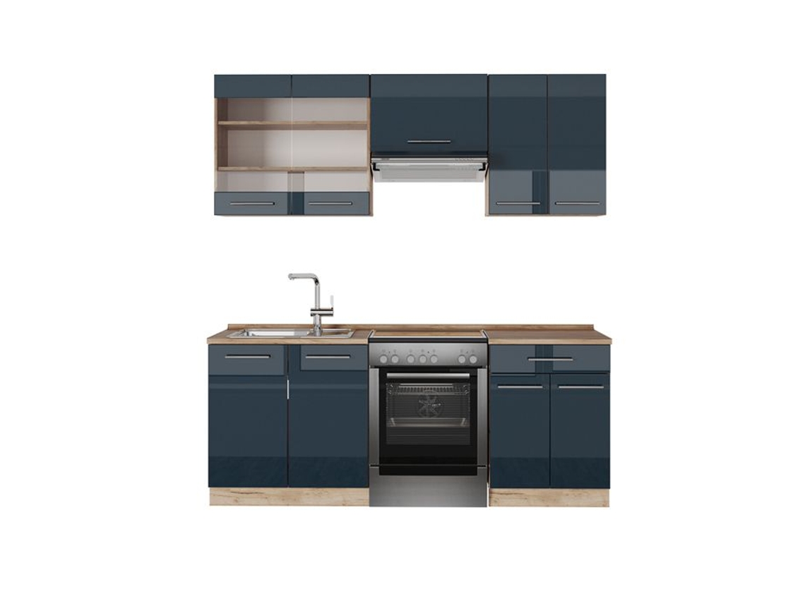 Cozinha Fame-Line, 200 cm sem bancada, azul escuro brilhante/carvalho dourado, VICCO