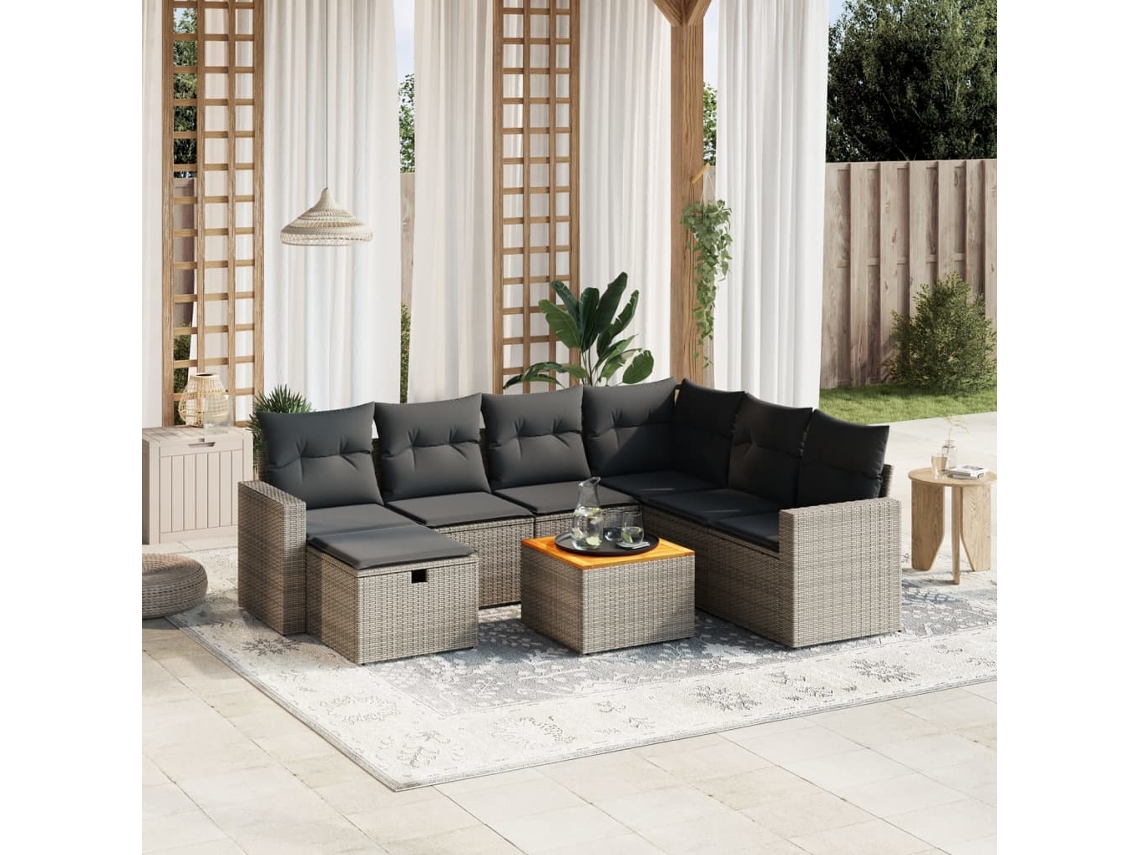 Vidaxl 8 Pcs Conjunto Sofás De Jardim C/ Almofadões Vime Pe Cinzento