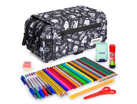 Design de estojo triplo com 3 zíperes e material escolar incluído. Elementos Ec COLEPACK