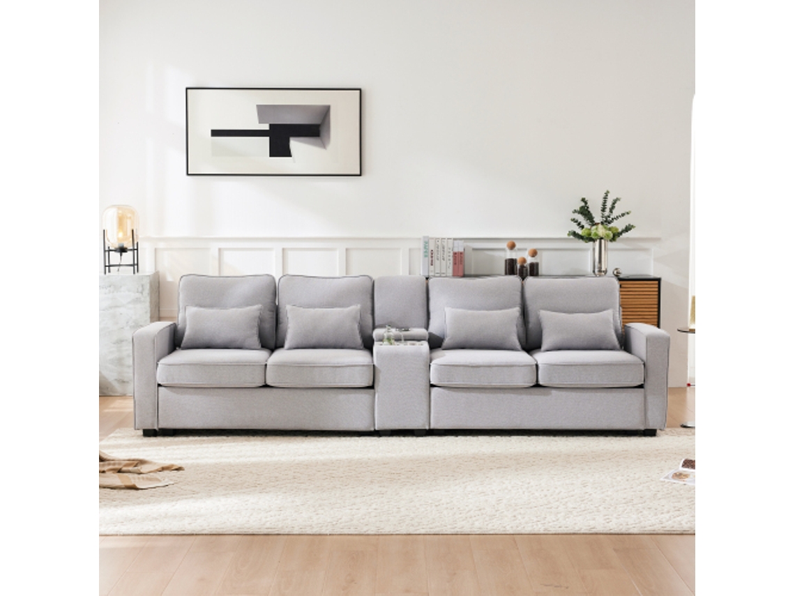 Sofá moderno Linho de 4 lugares com console, porta-moedas, entrada USB, bolsas e almofadas para sala de estar.
