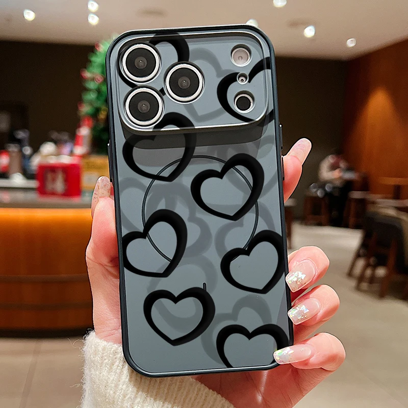 Capa Magnética Rígida Para Iphone 13 Com Estampa De Corações Coloridos (preta).