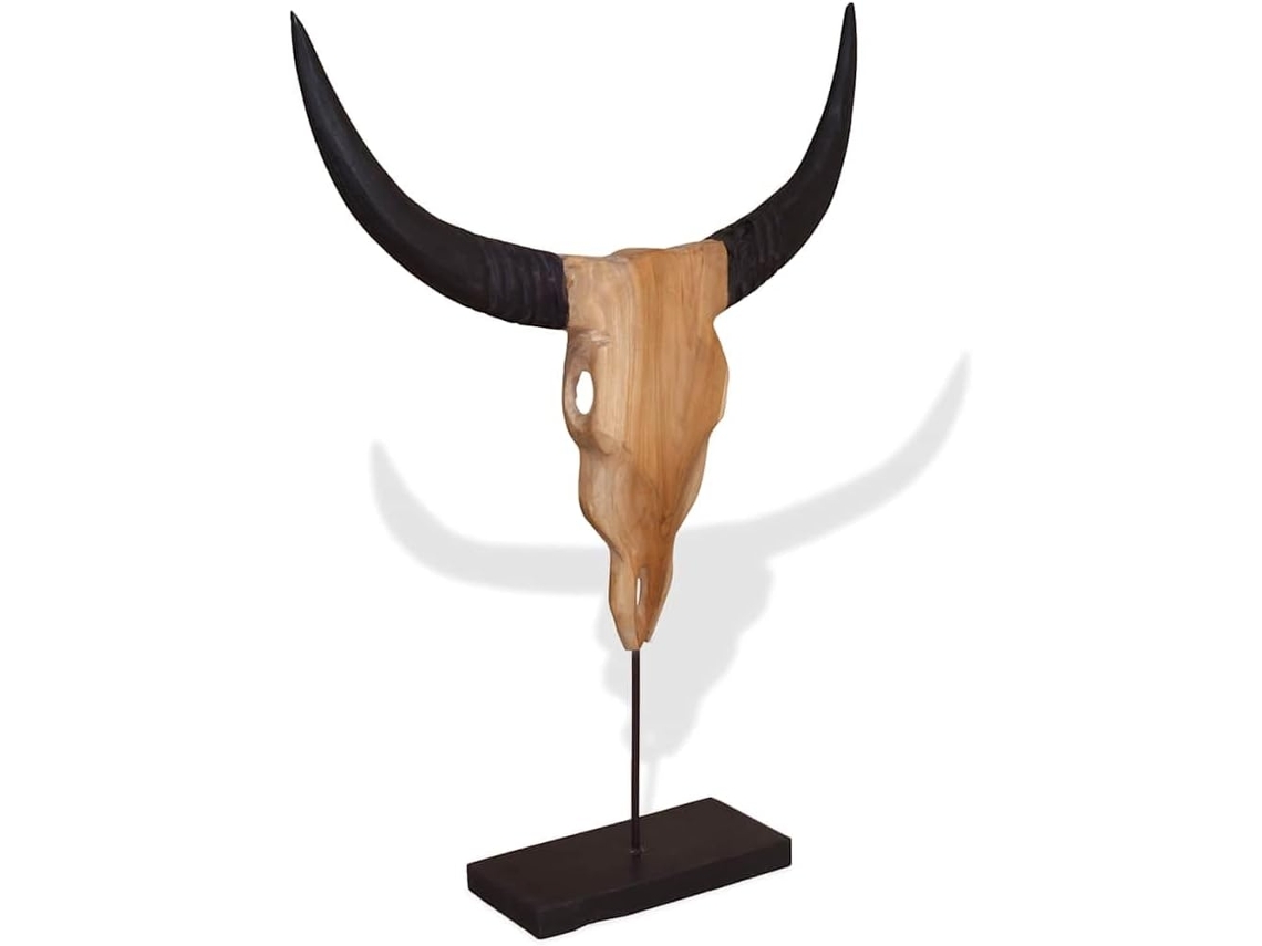 Escultura de Cabeça de Touro em Madeira de Teca e Aço - 66 x 15 x 88 cm - Estátua Feita à Mão